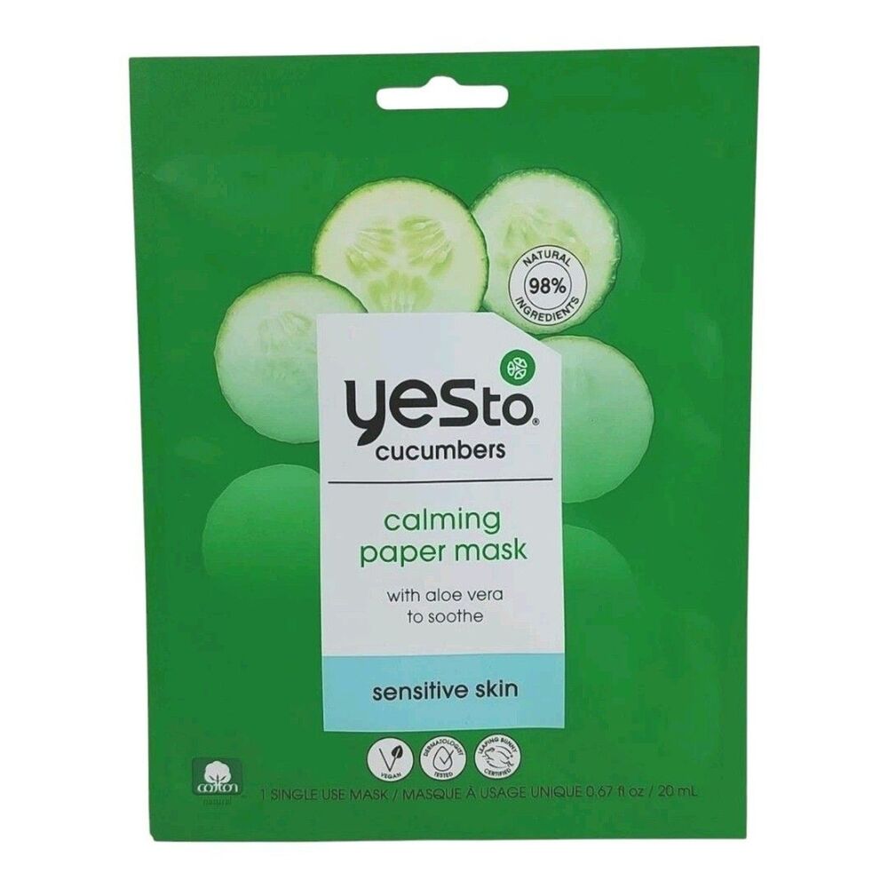 Yes To Cucumbers Calming Paper Mask Aloe Vera Sensitive Skin Soothing Vegan New